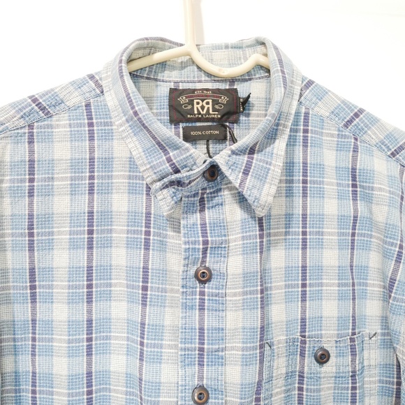 RRL Double RL tab-collar indigo plaid utility shirt Medium - Picture 2 of 5
